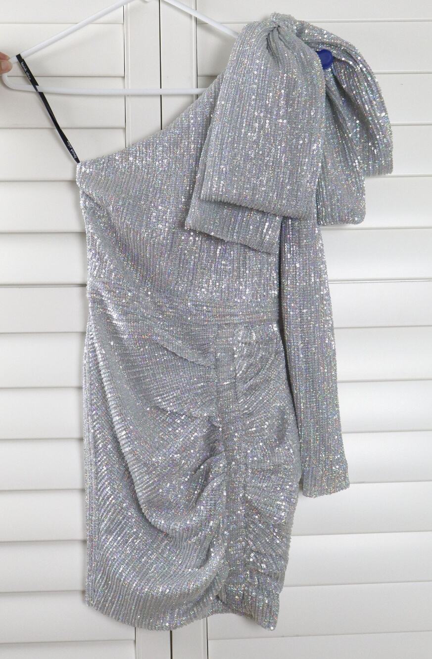 LAVISH ALICE Silver Sequin Embellished One Shoulder Evening Dress Size US 2